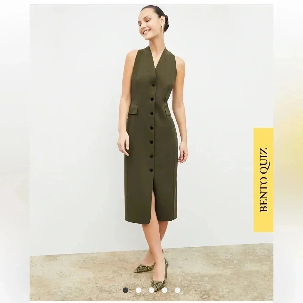 MM Lafleur Olive Sleeveless V-Neck Button-Front Midi Dress